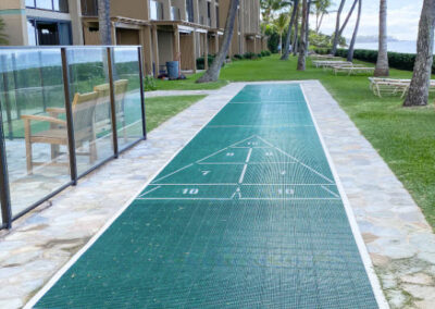shuffleboard alongside the resort with tall palm trees