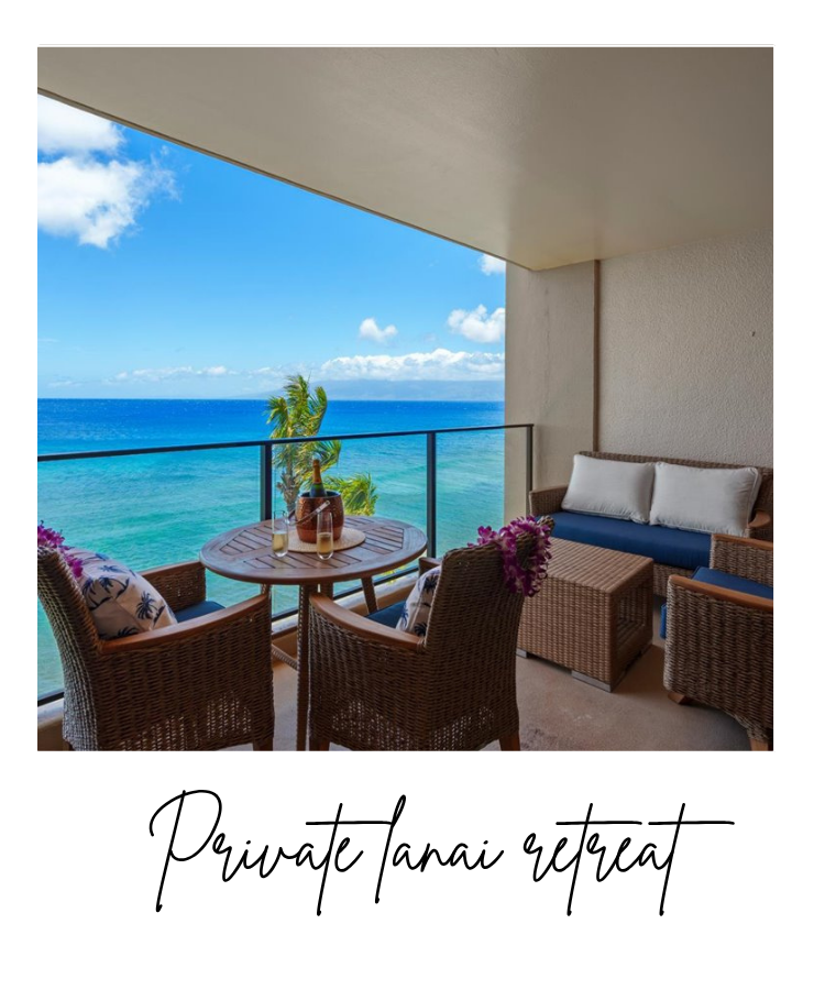 Private lanai space Lanei space with modern lounge seating and beverage table overlooking ocean